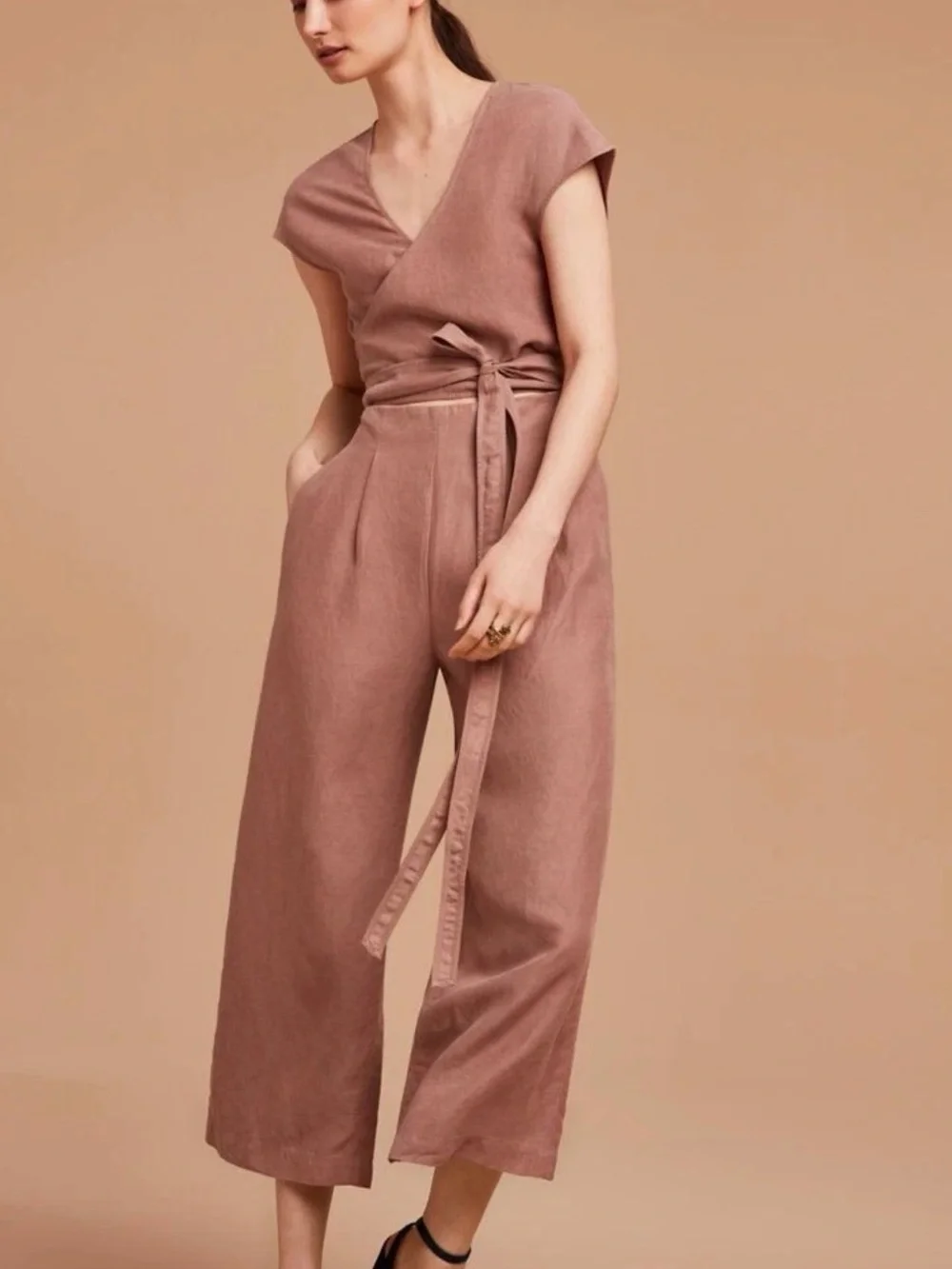 Wilfred Aritzia Women Size 0 Brax Linen Blend‎ Jumpsuit Wrap Top Nutmeg Wide Leg